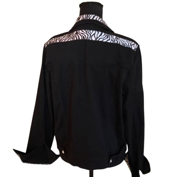 Women's Zebra Print Trim Crystal Button Front Denim Cotton Jacket Black Large - Picture 4 of 11